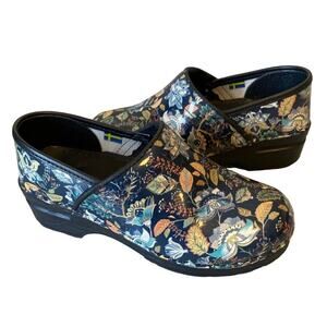 Björk Swedish Comfort Joline Floral Leather Clog Women Sz 36 US 6 Black Slip On